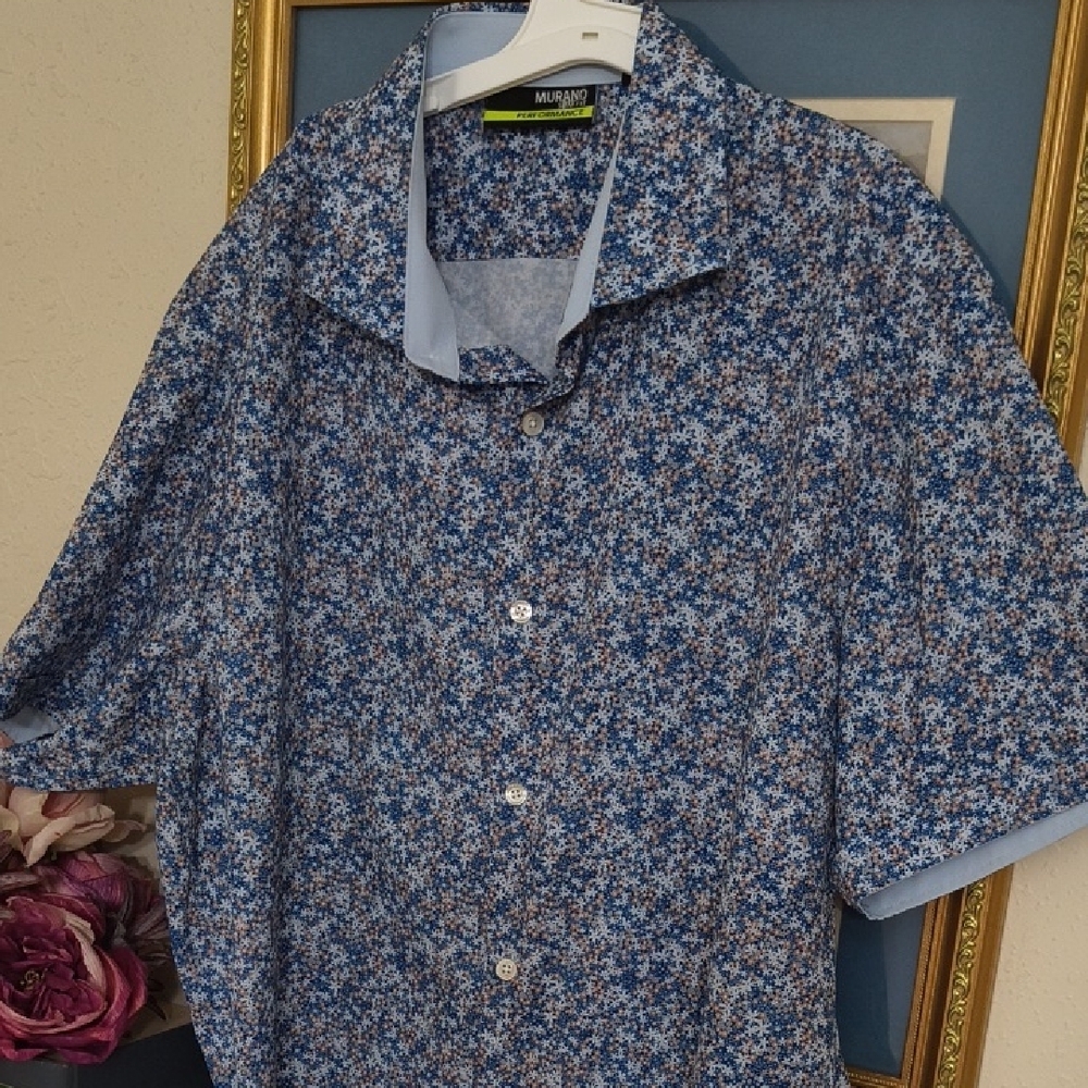 Performance Lightweight Blue Floral Men's Shirt Large Outdoors Party Casual